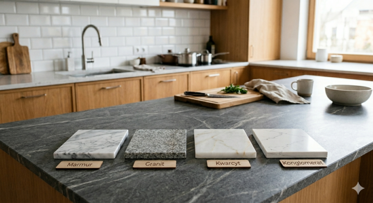 Blat kamienny do kuchni – jaki materiał wybrać? Porównanie granitu, marmuru, kwarcytu i konglomeratu
