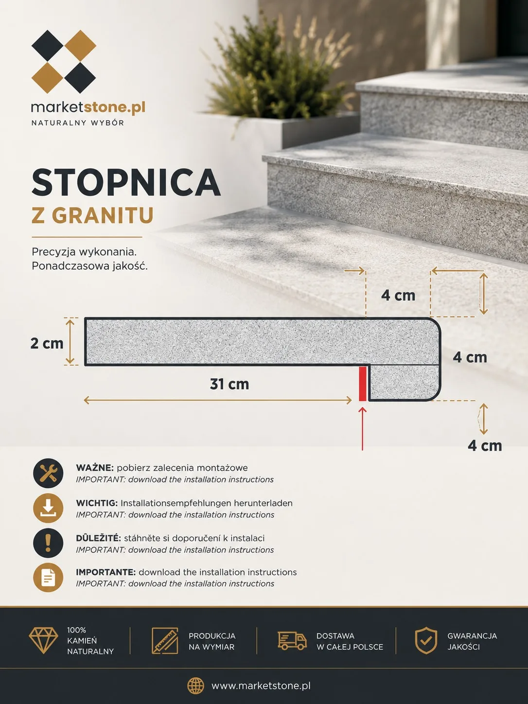 Zestaw Stopnica - Stopień + Podstopień Granitowy G664 100x35x2 / 100x15x2 Bullnose - obrazek 4