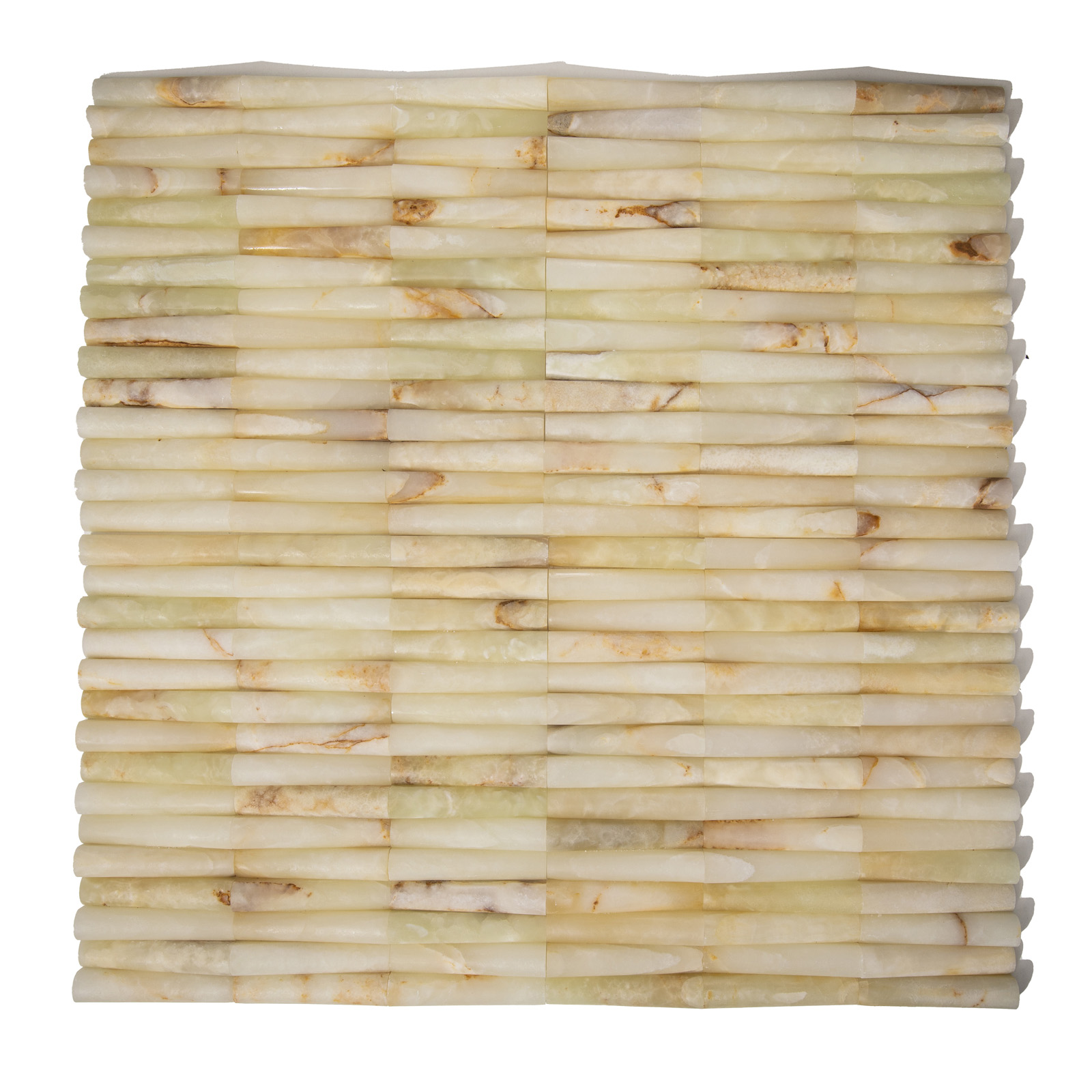 Mozaika onyksowa bamboo z Białego Onyksu, elementy wypukłe, grubość plastra 1,9 cm wykończenie satynowe