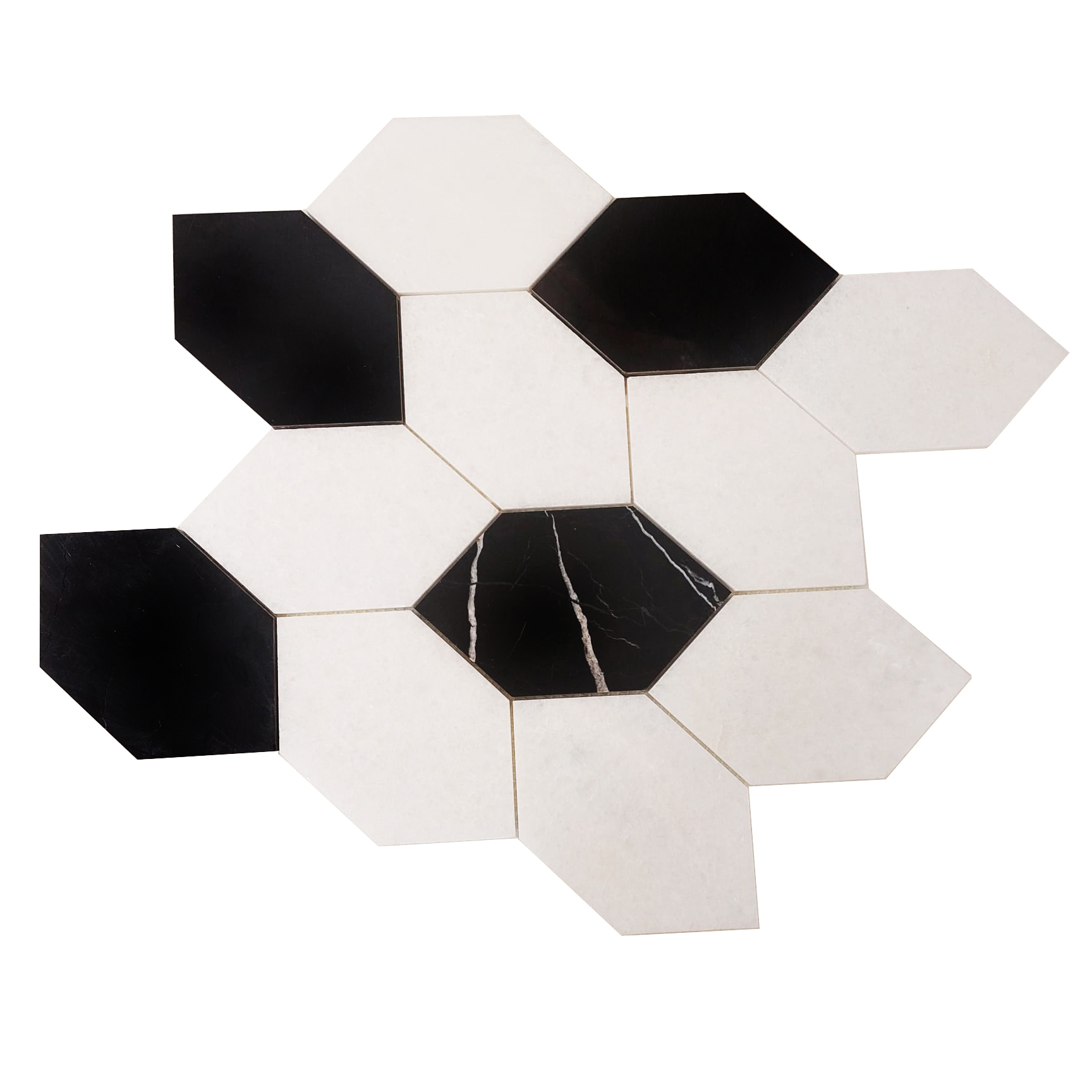 Mozaika marmurowa leafe z białego marmuru Bianco Neve i czarnego Black Silk, grubość plastra 1 cm, wykończenie szlifowane