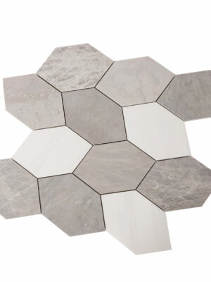 Mozaika marmurowa leafe z białego marmuru Glacier White i szarego Nordic Grey, grubość plastra 1 cm, wykończenie szlifowane