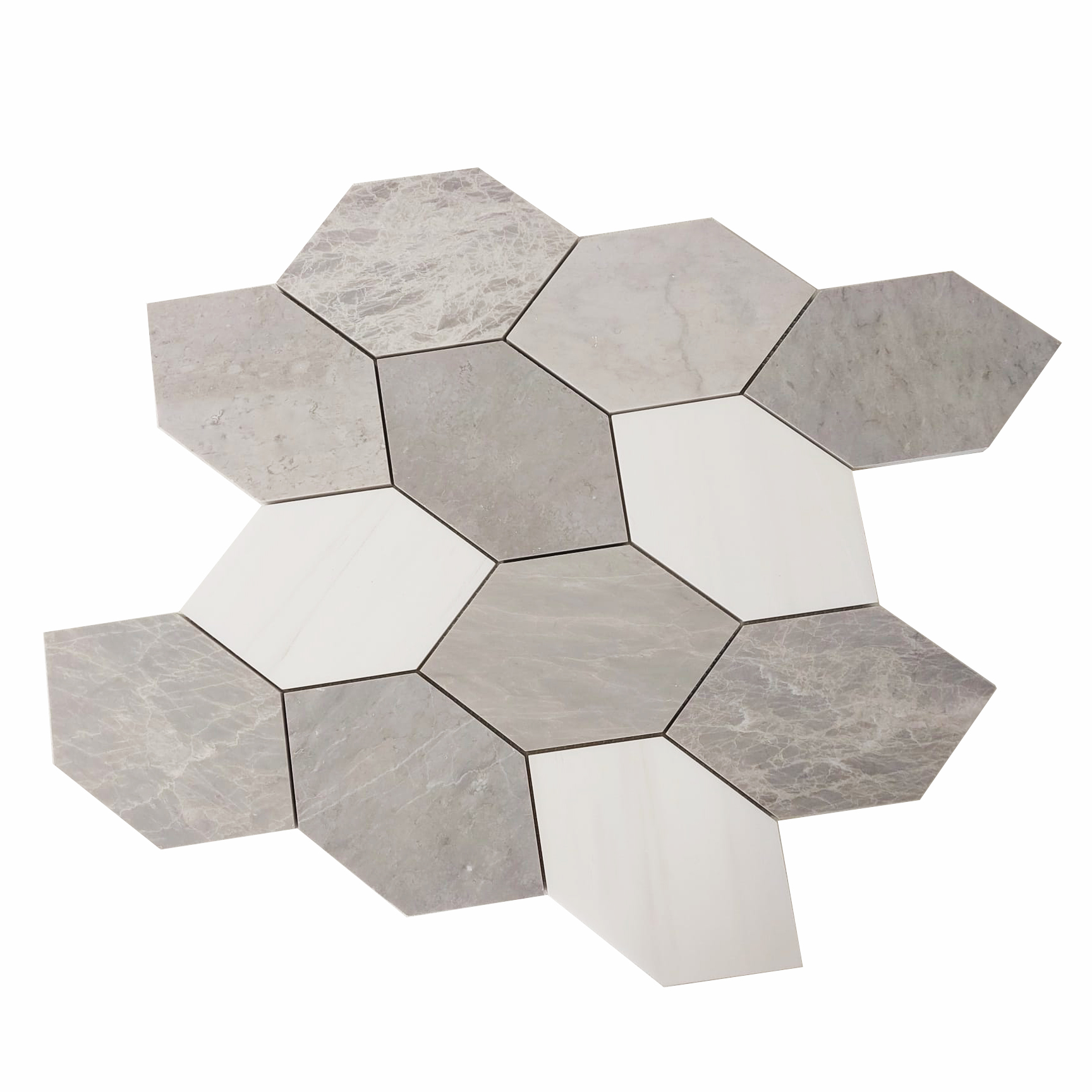 Mozaika marmurowa leafe z białego marmuru Glacier White i szarego Nordic Grey, grubość plastra 1 cm, wykończenie szlifowane