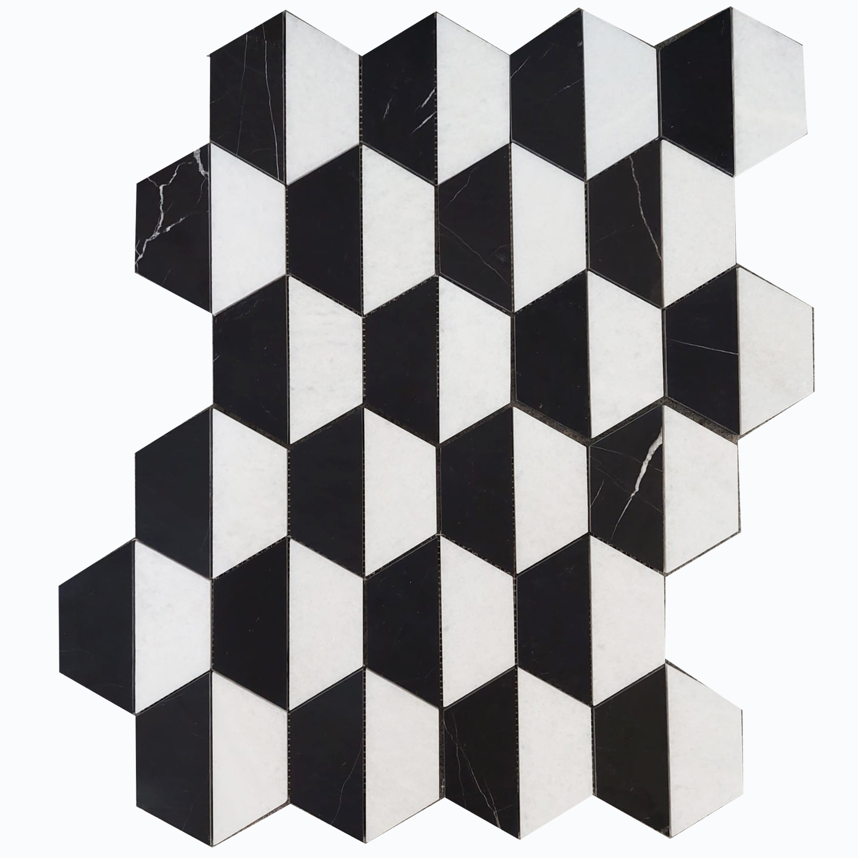 Mozaika marmurowa hexagon z białego marmuru Bianco Neve i czarnego Black Silk, grubość plastra 1 cm, wykończenie szlifowane - obrazek 2