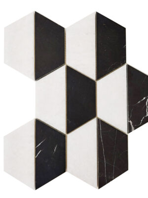 Mozaika marmurowa hexagon z białego marmuru Bianco Neve i czarnego Black Silk, grubość plastra 1 cm, wykończenie szlifowane