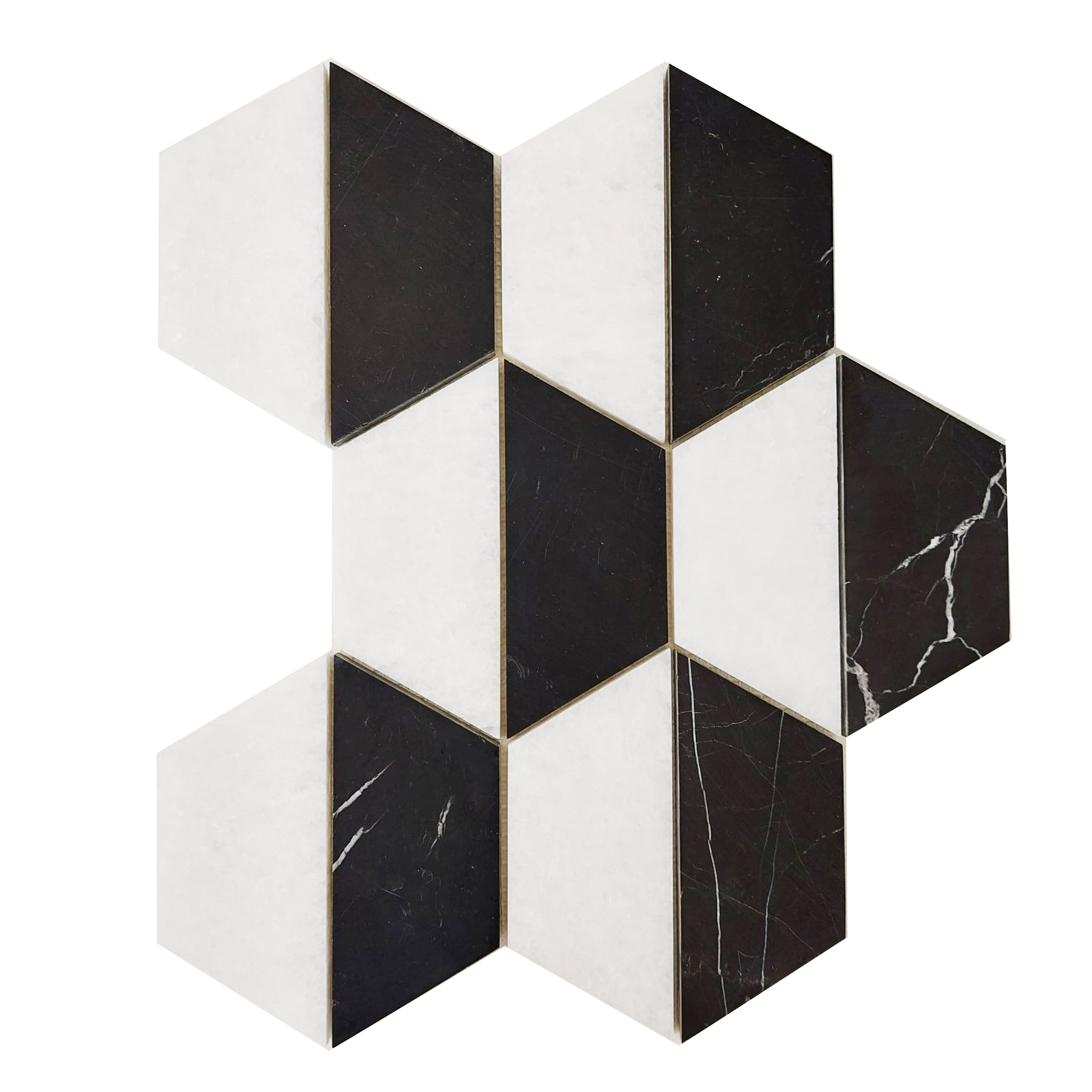 Mozaika marmurowa hexagon z białego marmuru Bianco Neve i czarnego Black Silk, grubość plastra 1 cm, wykończenie szlifowane