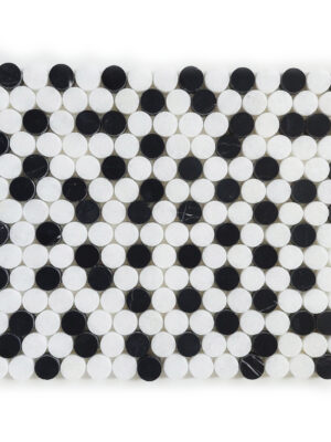 Mozaika marmurowa kółka z białego marmuru Bianco Neve i czarnego Black Silk, grubość plastra 1 cm, wykończenie szlifowane